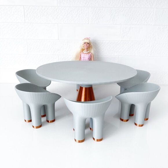 Miniature Patio Table 6 Chairs Gray Copper Large Round 1:6 Scale Dollhouse - Picture 1 of 7